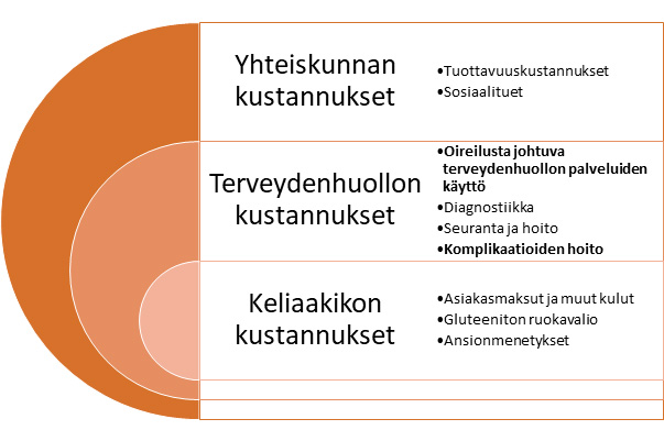 Yhteiskunnan kustannukset: tuottavuuskustannukset ja sosiaalituet. Terveydenhuollon kustannukset: Oireilusta johtuva terveydenhuollon palveluiden käyttö, Diagnostiikka, Seuranta ja hoito sekä Komplikaatioiden hoito. Keliaakikon kustannukset: Asiakasmaksut ja muut kulut, Gluteeniton ruokavalio, Ansionmenetykset.