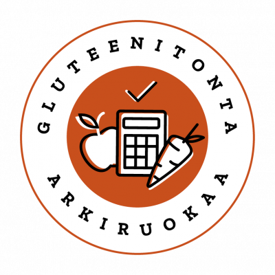 Gluteenitonta arkiruokaa -logo, jossa piirroskuvina omena, porkkana ja taskulaskin.