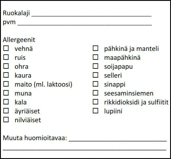 Esimerkkikuva ravintolan ruokalajin allergeenilistasta.