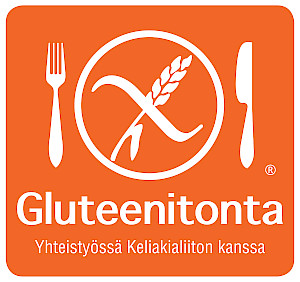 Gluteenittoman palvelun merkki. Rekisteröity tuotemerkki, jossa oranssilla pohjalla tyylitelty haarukka, veitsi ja lautanen. Lautasen sisällä viljantähkä, jonka yli poikkiviiva. Alla teksti: Gluteenitonta yhteistyössä Keliakialiiton kanssa.