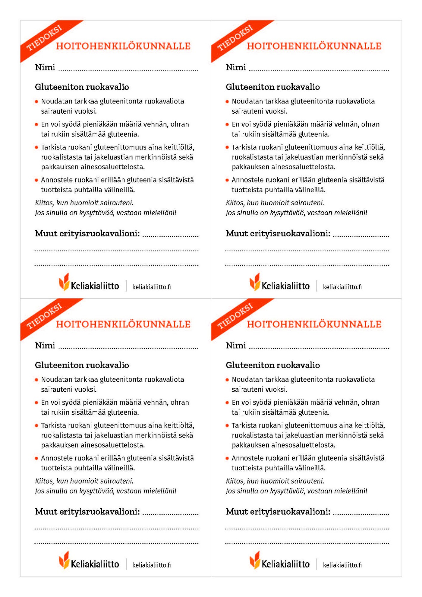 Tietokortissa on gluteenittomasta ruokavaliosta kertovat teksti, Keliakialiiton logo ja verkko-osoite. Teksti on avattu leipätekstin tietolaatikkoon.