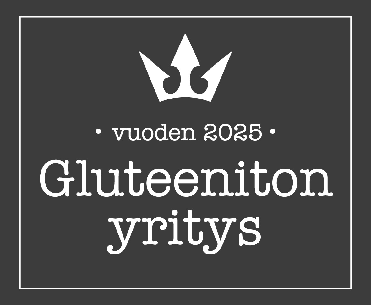 Vuoden 2025 Gluteeniton yritys -logo. Tummalla taustalla valkoinen teksti ja kruunu.