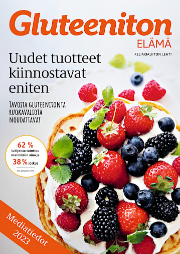 Gluteeniton elämä -lehden kansi. Tekstit: Uudet tuotteet kiinnostavat eniten. Tavoita gluteenitonta ruokavaliota noudattavat. 62 % lukijoista tutustuu mainoksiin aina ja 38 % joskus (lukijakysely 2021).